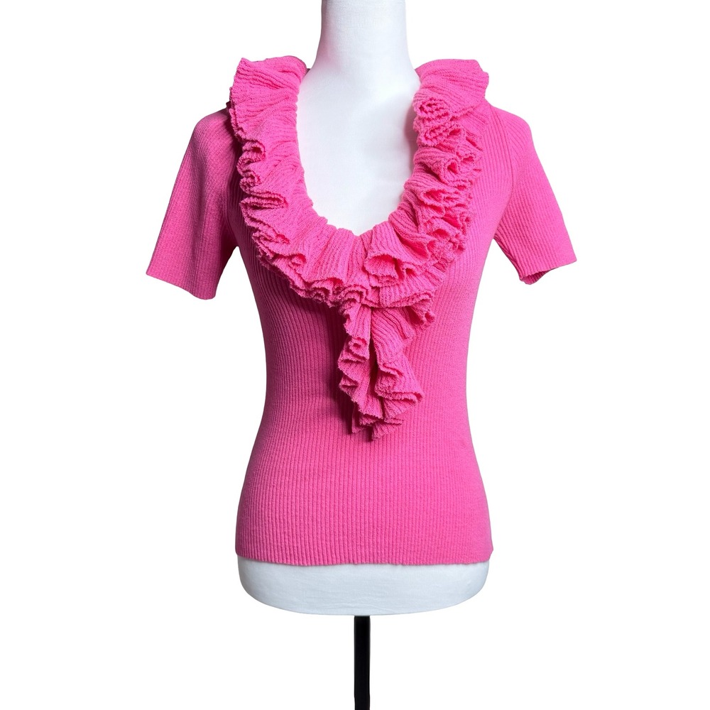 Trina Turk Ruffle Neck Ribbed Knit Top Pink Womens Large